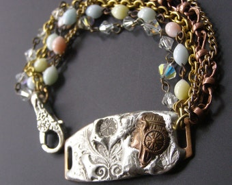 Art Nouveau Bracelet, Rustic Flower Bracelet, Thistle Flower Bracelet, Mixed Metal Jewelry, Multi Strand Boho Bracelet, Craftsman Style