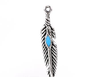 x 1 feather charm turquoise enamel 28 mm antique silver.