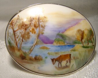 Signed Hand Painted Miniature Landscape Painting Porcelain Sterling Brooch or Pin 1917