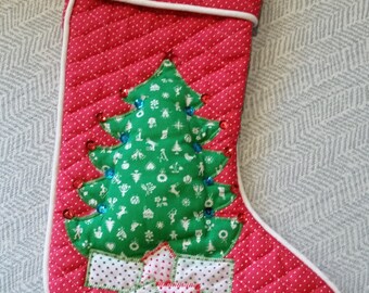 1970's Vintage Appliqued and Quilted Christmas Stocking with Sequins