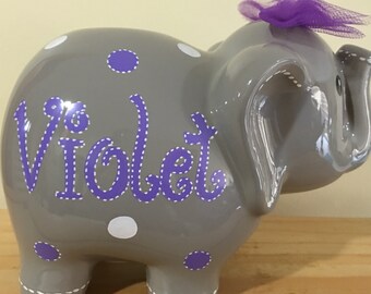 Personalized Large Purple/ Violet Gray elephant Piggy Bank Newborns , Birthday,Girls,Flower Girl,Baby Shower Gift Centerpiece