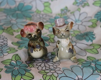 Pair of Anthropomorphic Mice Figurines Dressed in Top Hat and Scarf