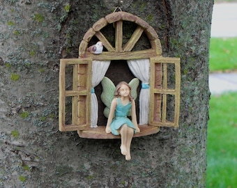Fairy Garden Accessories Window with sitting fairy with blue dress - miniature garden accessory - window for tree stump