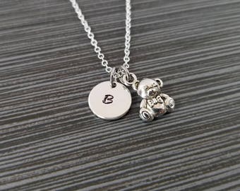 Silver Teddy Bear Necklace - Teddy Bear Charm Necklace - Personalized Necklace - Custom Gift - Initial Necklace - Teddy Bear Jewelry
