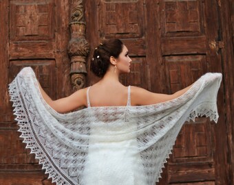 Knitted lace shawl, wedding shawl, mohair shawl, mohair marriage, ivory stola, bohemian wedding, mohair lace wrap, bridal wrap,