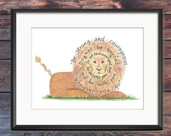 Bible Verse art print, scripture design, hand lettered typography, wall art decor, Lion