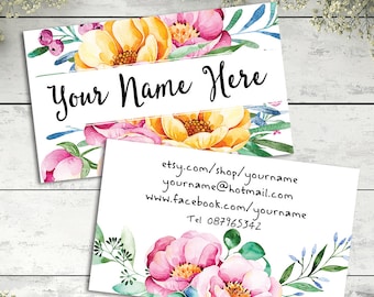 Custom business card design watercolor floral personalised sweet modern pink and yellow flowers graphics shop branding digital download