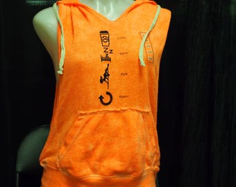 S - Open-Side Orange Hooded Vest Top Printed with "Coffee-Sleep-Pole-Repeat" (Great for pole/yoga/fitness/workout/dance/casual/aerial arts)