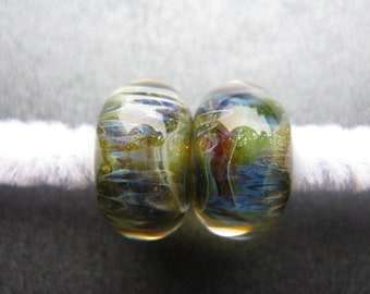 BORO Lampwork Beads Pair, Borosilicate Lampwork Pair, Lampwork Pair, Handmade, Blue, Green, Purple, Topaz, Ivory, Shimmers, OOAK - HGD588