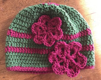 Cranberry Olive Double Flower Beanie