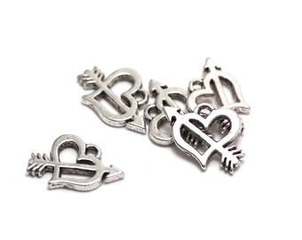 10 charms "heart arrow" 15 x 12 mm, silver, A 016