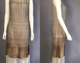 1920s lame dress with gold lace and beaded fringe / fringe dress. flapper dress