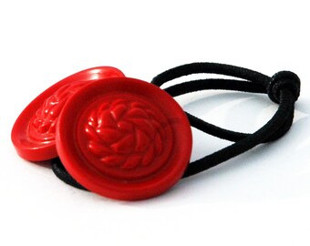 Cherry Red Elastic Ponytail Holder, Hair Accessory from Red Vintage Buttons