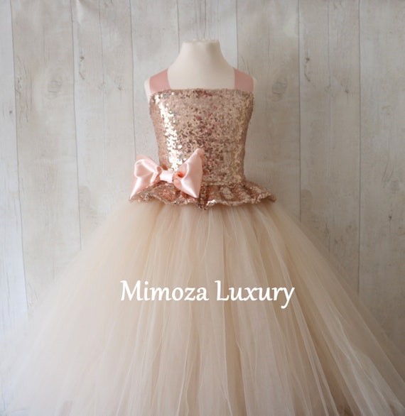 Champagne Flower Girl Dress, rose gold bridesmaid dress, couture flower girl gown, bespoke girls dress, tulle princess dress, rose gold tutu