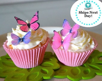 Wedding Cake Topper 12 Small Pink and Purple Edible Buttterflies for Cupcakes and Cakes - Edible Butterfly Wedding Cake Decoration