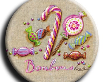 Badge with candy, Lollipop, barley sugar and candy diameter 45 mm