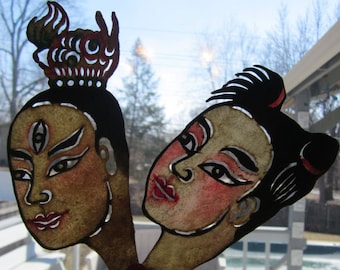 Pair of Vintage Shadow Puppet Faces - Male and Female Couple