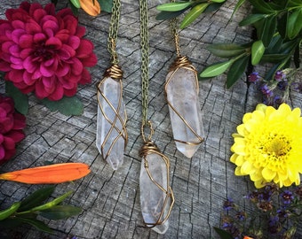 Quartz necklace, pendant, wire wrapped, healing stone, bronze, crystal, pendulum, point, raw, rough, crystal, stone, boho