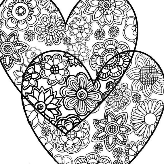 Two Hearts Love. Adult Coloring Page: Instant Digital