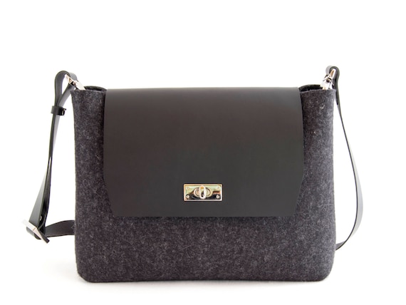 Felt and leather mini FLAP BAG, leather strap, charcoal, black, crossbody bag, 100% wool felt, made in Italy
