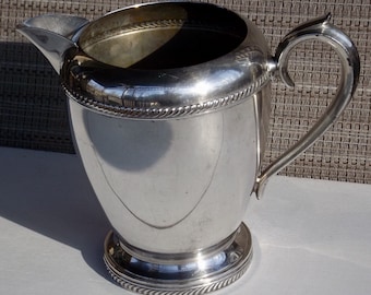 Rogers Silver water pitcher,2 quarts,heavy duty,handle,7.5” high,large flower vase,farmhouse,F.B. Rogers,Silver on Copper,early 1900s,