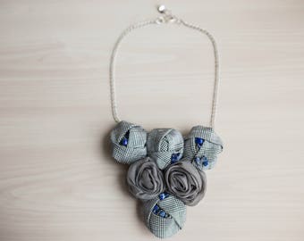 Gray Statement Bib Necklace Minimalist Necklace Rosette Statement Necklace Fabric Necklace Fabric Jewelry Textile Necklace Vintage Necklace