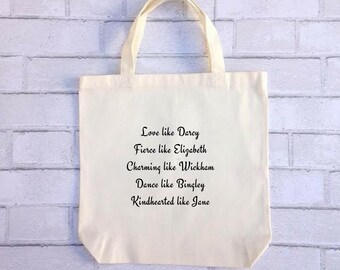 Pride and Prejudice Tote | Jane Austen Bennet Mr. Darcy Bingley Canvas Bag Purse Book Inspirational Quote | Elizabeth Bennet Christmas Gift