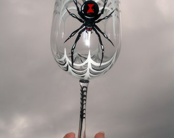 Hand painted black widow spider wine glass