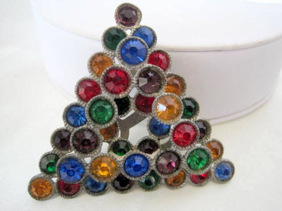 Art Deco Dress Clip, Rainbow Rhinestone, Pot Metal, Layered Pin