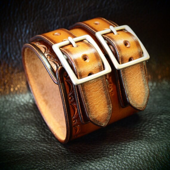 Leather cuff Bracelet hand stamped Depp style wristband watchband Tan fade leather jewelry made in New York for YOU by Freddie Matara