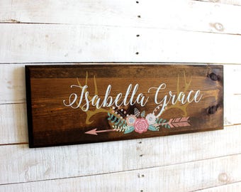 Antlers With Flowers Arrow Personalized Sign | Girls Name Personalized Rustic Wood Sign | Custom Sign | Rustic Nursery or Girls Room Decor