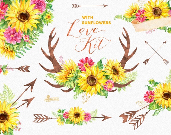 Download Love Kit with Sunflowers. Watercolor flowers Clipart arrows