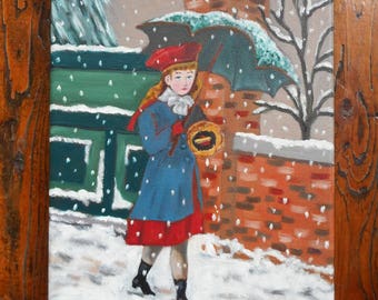 Original acrylic painting of the girl under the snow-small format Original acrylic painting of a girl under the snow-Small size