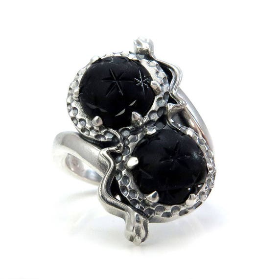 Gothic Toi et Moi Mourning Jewelry - Antique 1800's Victorian Glass Star Orbs - Sterling Silver Snake Ring