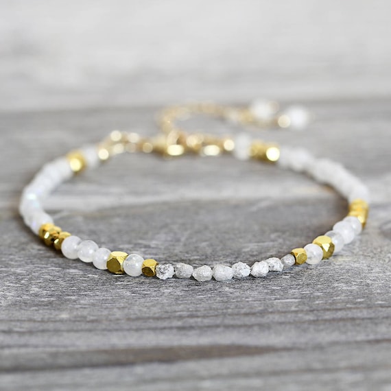 Skinny White Diamond Bracelet - Dainty Moonstone Bracelet
