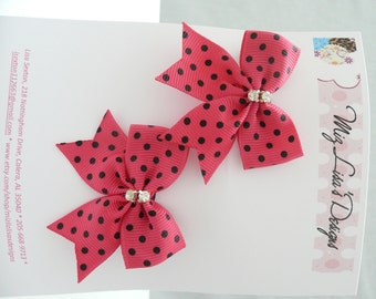 nhb-Small Hot Pink and Black Polka Dot Hair Bow Set w Rhinestones