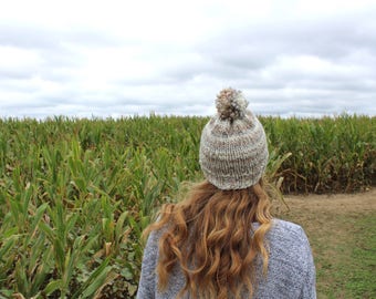 Handknit Heather Grey Hat, Pom Pom Knit Hat, Winter Accessory