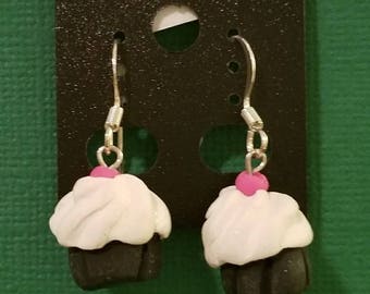 Cherry on Top Cupcake Earrings/Vanilla/Chocolate/Polymer Clay/Pink