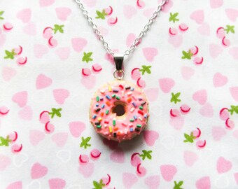 Pink Sprinkle Donut/Doughnut Necklace, Kawaii Necklace, Food Necklace, Food Jewelry, Polymer Clay, Cute Necklace, Sweet Lolita