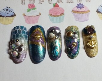 Press on Nails Kawaii Hime Gyaru Japanese Mermaid Nails
