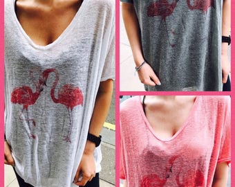 Ladies Linen Flamingo Print Oversized T Shirt one size