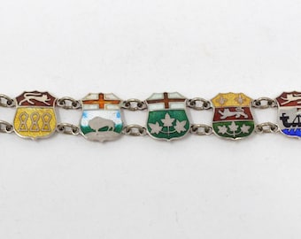 Vintage Canadian Provinces Enamel Sterling Silver Crest Link Bracelet - Nova Scotia Newfoundland Quebec New Brunswick Manitoba - 596413733