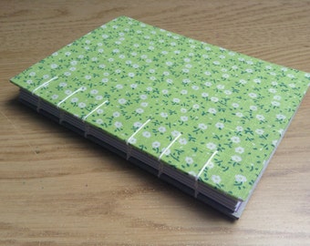 Green A6 Floral Coptic Bound Journal Hardback White Pages