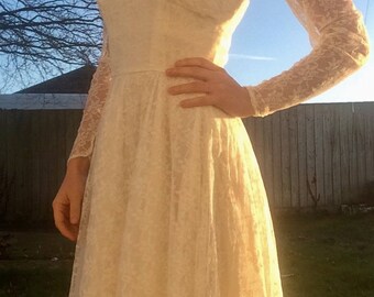 Vintage Wedding Dress - Cream Lace Dress - 1950s Wedding Dress - Original Wedding Dress - Waterfall Wedding Dress - Size UK 6 - 50s Dress