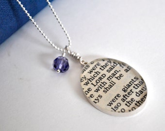 Bible Necklace - Recycled Book Jewelry - Giants in Sterling Silver - Quote Necklace