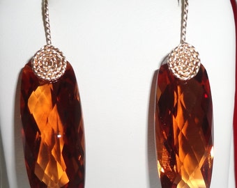Natural 38cts Madeira Citrine gemstones, 14kt yellow gold Pierced Earrings