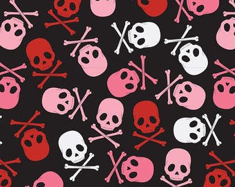HALF YARD - Skull Scatter Pink/Black, Goth White, Skull Fabric, by David Textiles Fabric, 100% Cotton