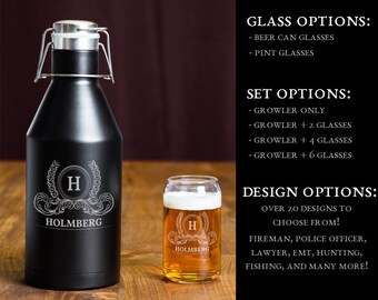 Beer Growler Set, Personalized 64oz. Growler, Engraved Stainless Steel Beer Growler, Brewery Accessories, Pint Glass Set, Beer Can Glasses