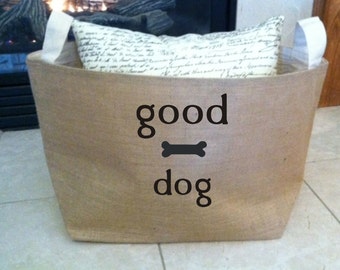 large personalized lined burlap dog toy basket , burlap storage tote, good dog