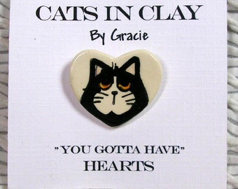 Black & White Tuxedo Cat On Heart Shaped Clay Pin Brooch Handmade Kiln Fired